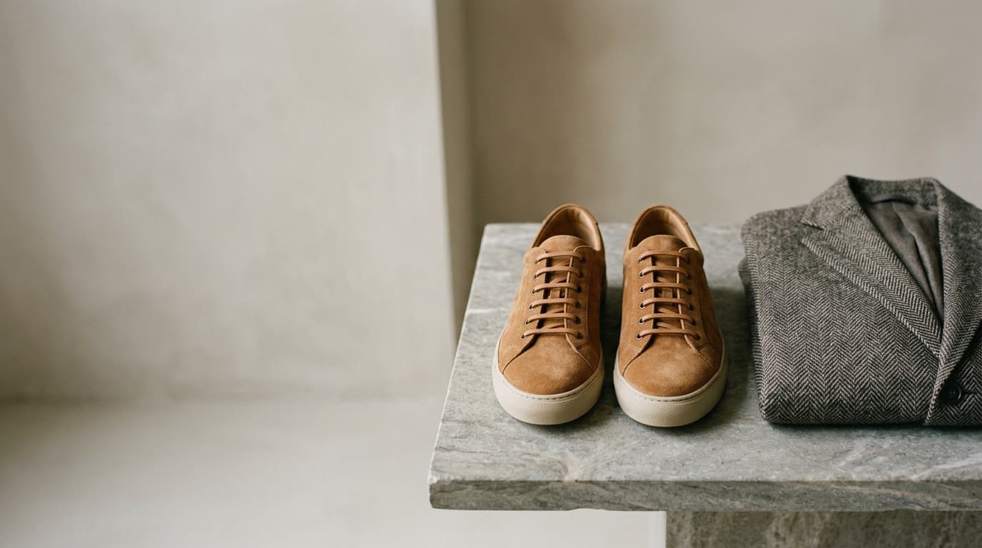 Tan suede sneakers beside a wool blazer and Egyptian cotton shirts