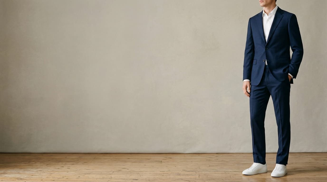 Slim navy Turkish suit styled with white sneakers